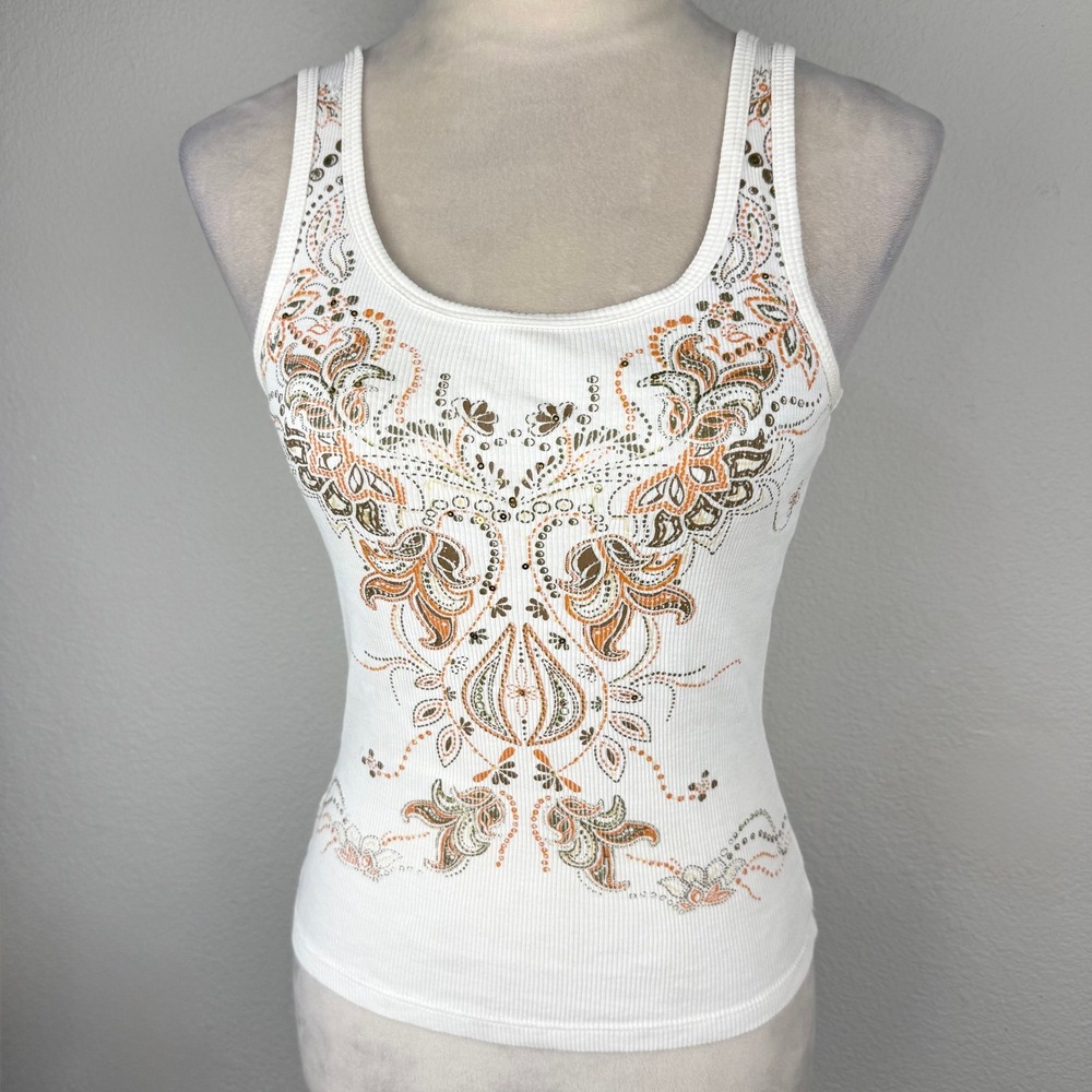 Y2K White Ribbed Sequin Graphic Tank Top Paisley Boho Scoop Neck Sleeveless - Picture 2 of 8